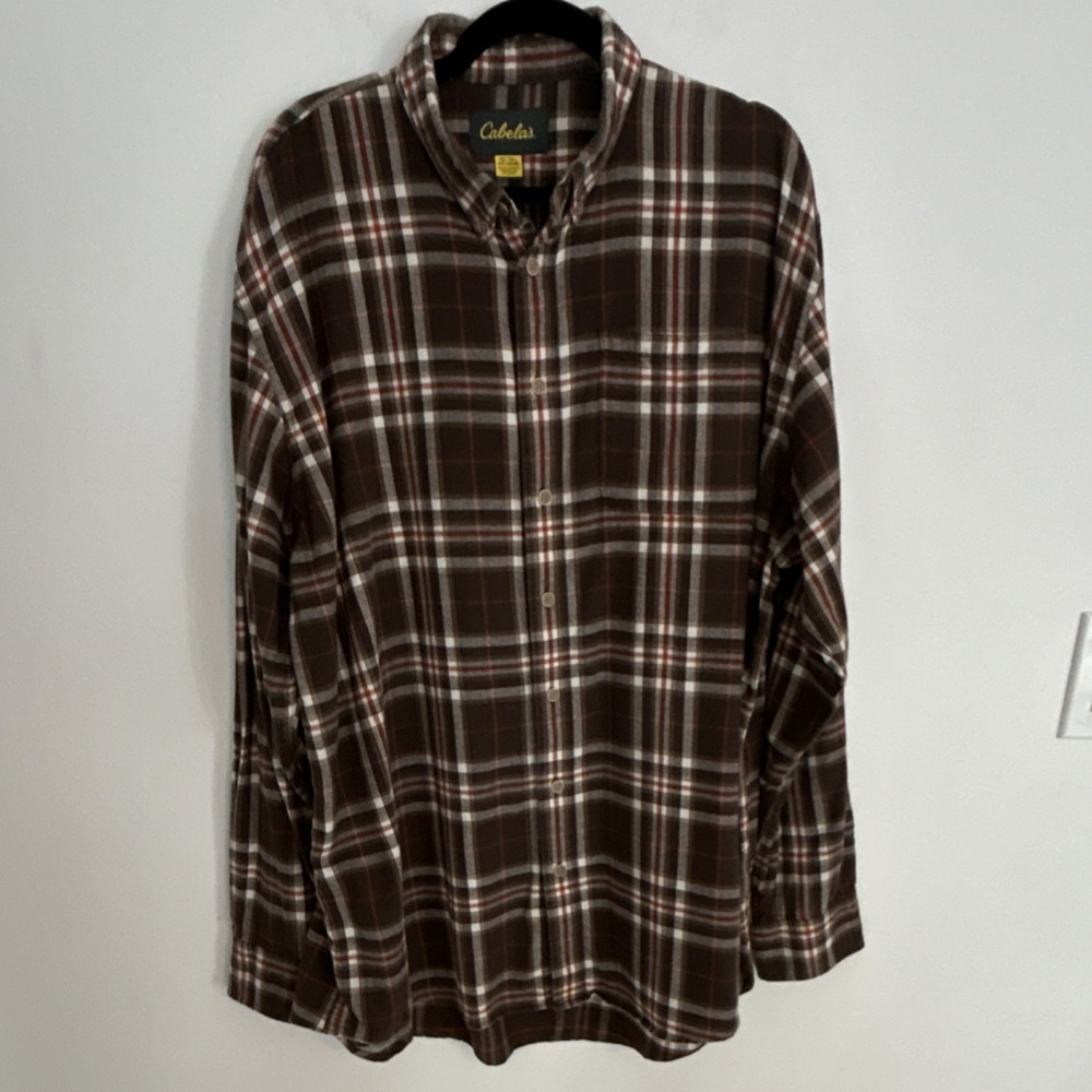 Cabela's Men's Brown Red White Plaid Flannel Cotton Button-Up Shirt 2XL Tall